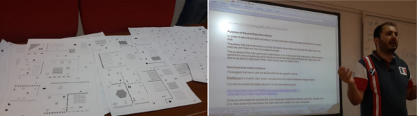 Figure on the left handside: Several sheets of microcapsule paper with examples of tactile graphics (indoor maps); Figure on the right handside: Mr. Charikakis presents the planned testing procedure using a powerpoint slide.