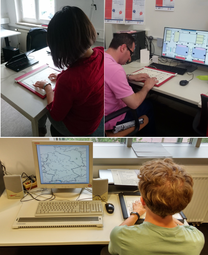 Three blind individuals are testing an ATMAP during a training sessions. Using IVEO and a PC.